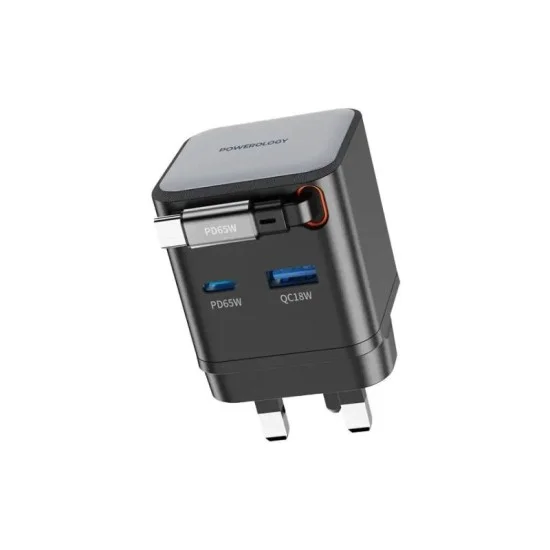 Wall Charger Dual Port | Retractable Gan Charger Powerology - Black
